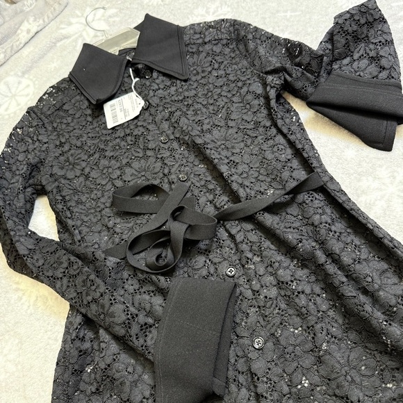 Proenza Schouler Floral Lace Shirt Size 6 Black Blouse New Pointed Collar - Picture 5 of 10